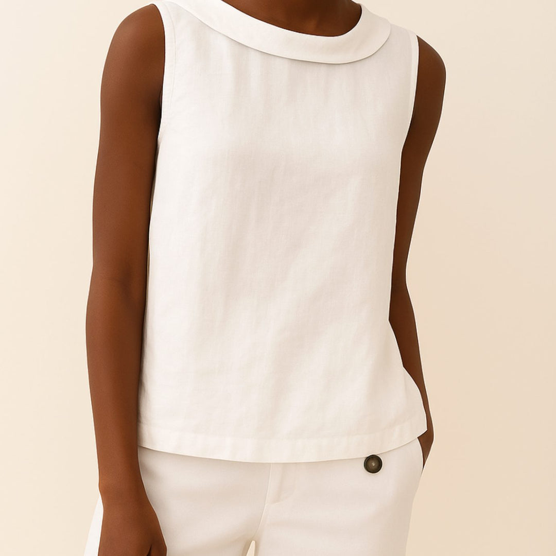Women's Elegant Sleeveless Blouse Folded Collar Top - White
