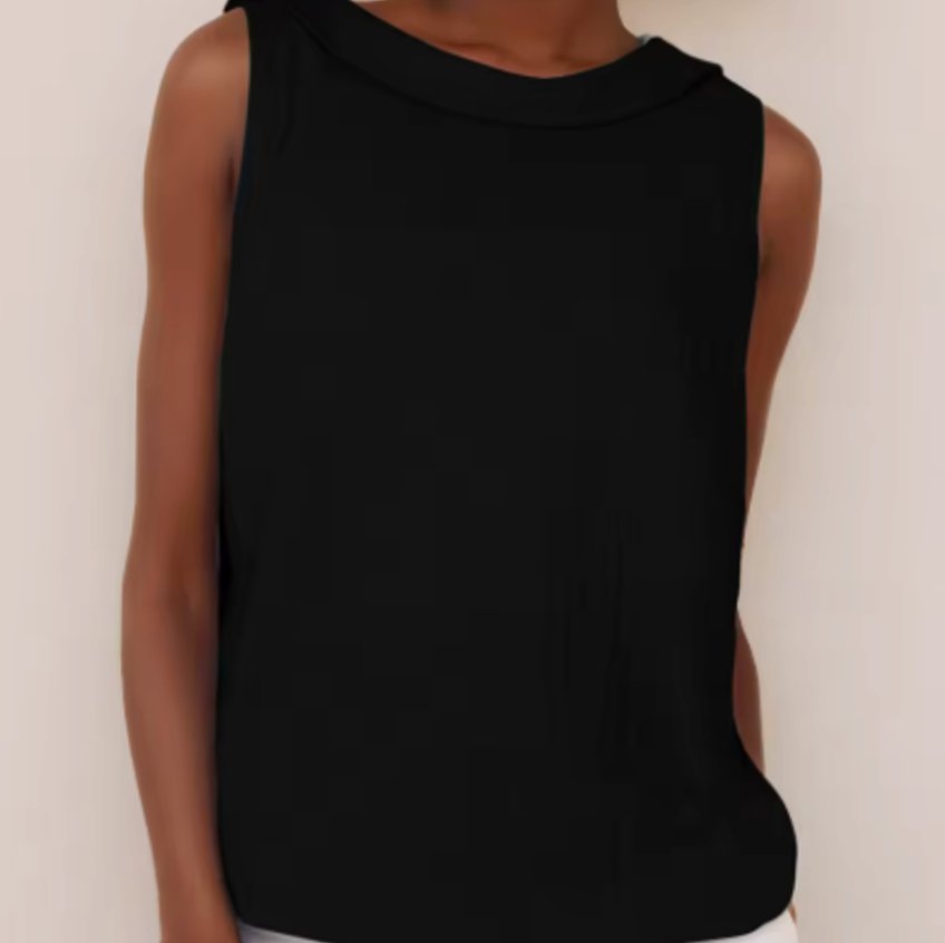 Women's Elegant Sleeveless Blouse Folded Collar Top - Black