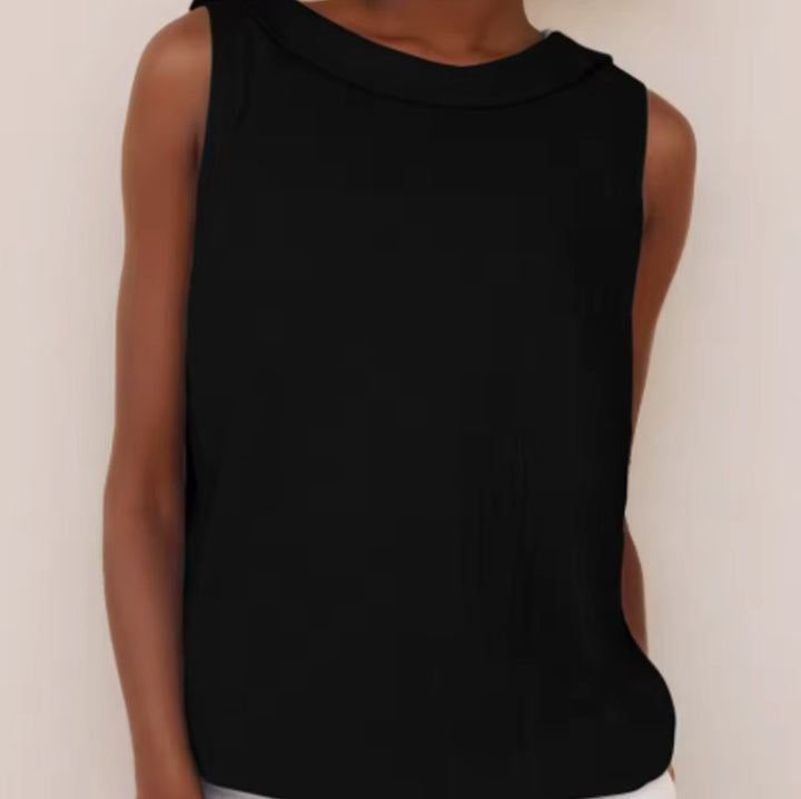 Women's Elegant Sleeveless Blouse Folded Collar Top - Black