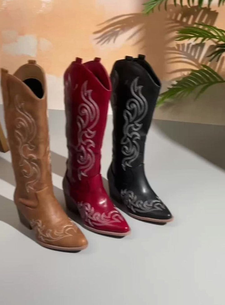 Women's Embroidered Knee-High Western Block-Heel Boots