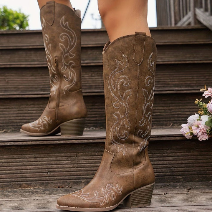 Women's Embroidered Knee-High Western Block-Heel Boots - Brown