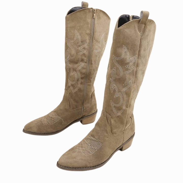 Women's Embroidered Western Cowboy Knee-High Boots - Khaki