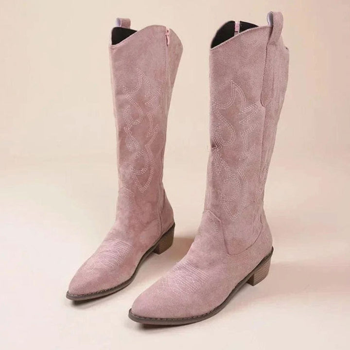 Women's Embroidered Western Cowboy Knee-High Boots - Pink