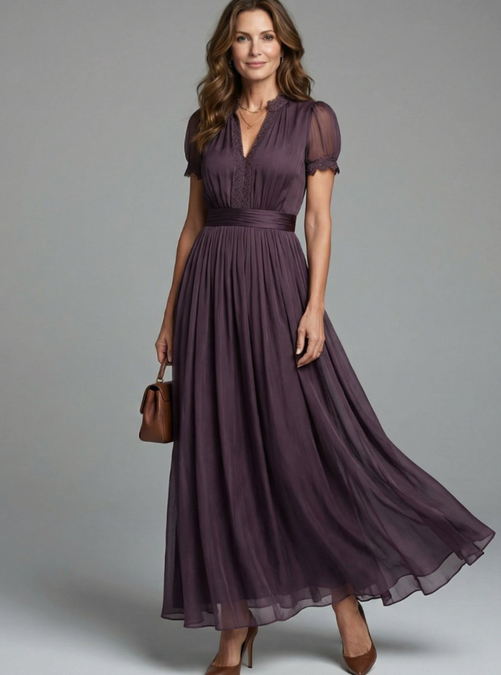 Women's Empire Waist V-Neck Lace-Trim Sheer-Sleeve Maxi Dress - Dark Purple