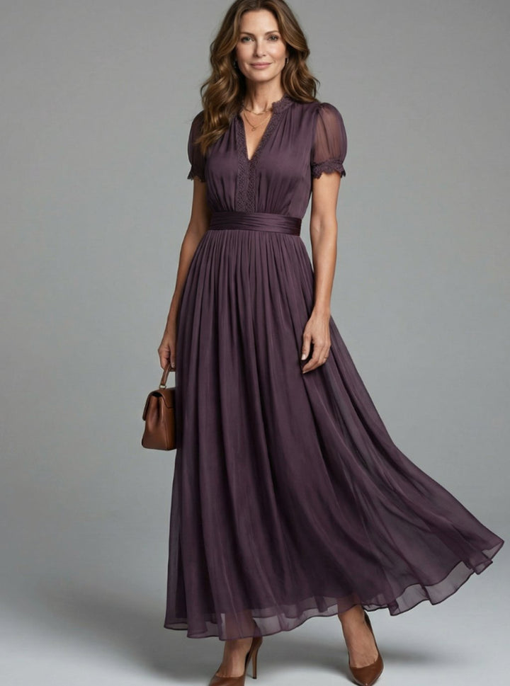 Women's Empire Waist V-Neck Lace-Trim Sheer-Sleeve Maxi Dress - Dark Purple