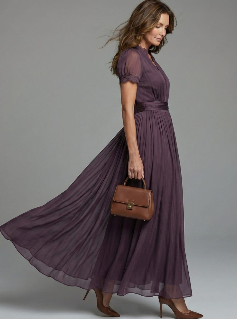 Women's Empire Waist V-Neck Lace-Trim Sheer-Sleeve Maxi Dress