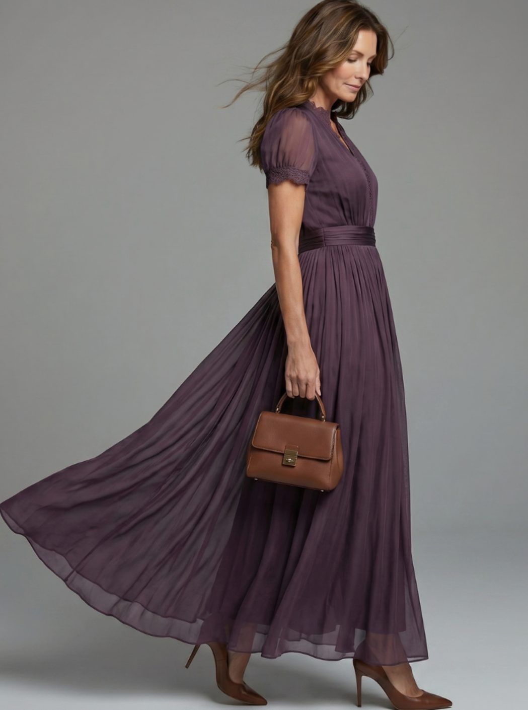 Women's Empire Waist V-Neck Lace-Trim Sheer-Sleeve Maxi Dress