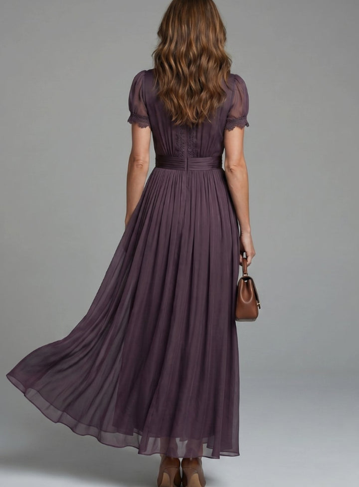 Women's Empire Waist V-Neck Lace-Trim Sheer-Sleeve Maxi Dress