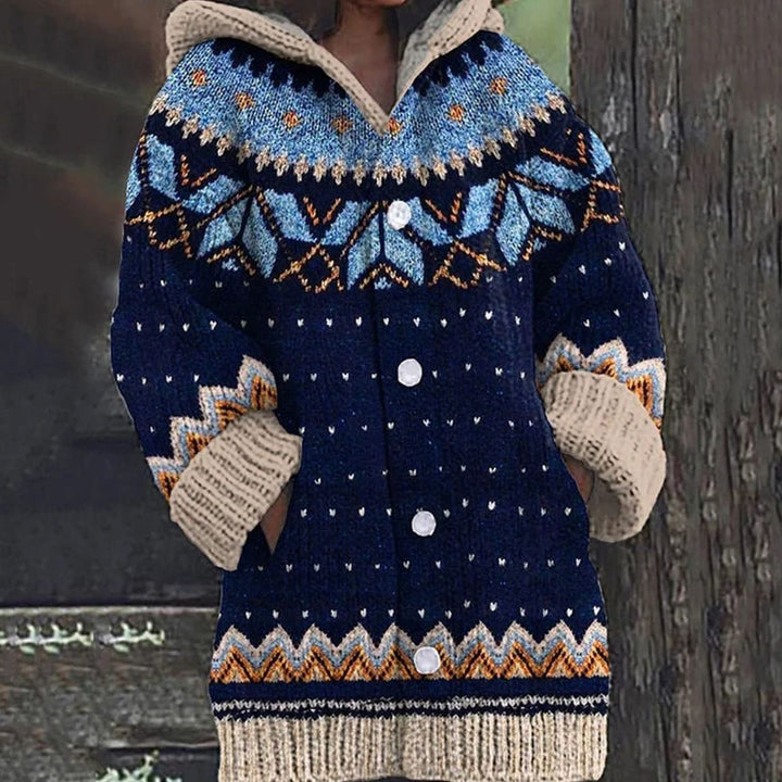 Women's Fair Isle Hooded Button-Front Chunky Knit Cardigan - Blue