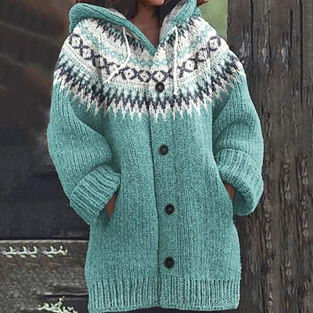 Women's Fair Isle Hooded Button-Front Chunky Knit Cardigan - Light Blue