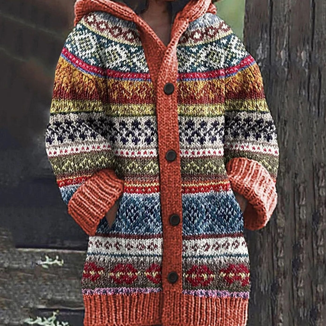 Women's Fair Isle Hooded Button-Front Chunky Knit Cardigan - Orange