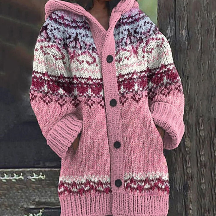 Women's Fair Isle Hooded Button-Front Chunky Knit Cardigan - Pink