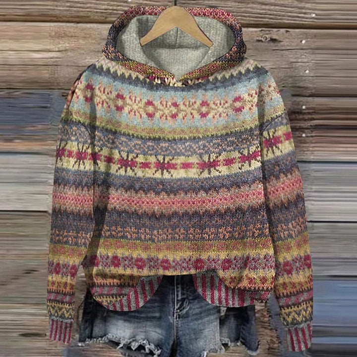 Women's Fair Isle Hooded Knit Sweater Ethnic Boho Print - Brown