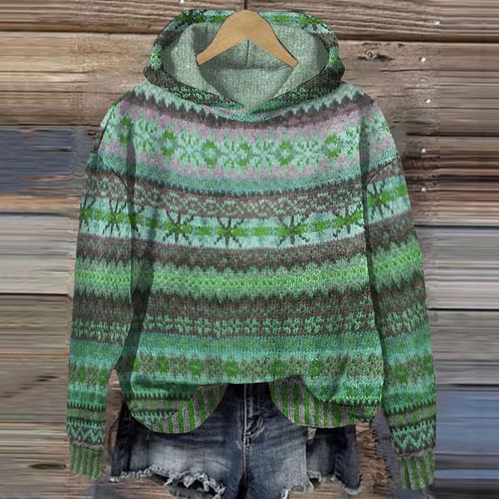 Women's Fair Isle Hooded Knit Sweater Ethnic Boho Print - Green