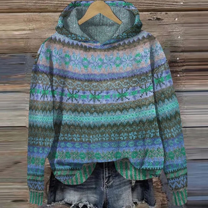 Women's Fair Isle Hooded Knit Sweater Ethnic Boho Print - Blue