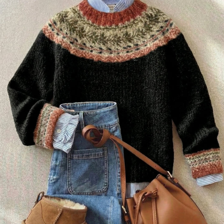 Women's Fair Isle Knit Oversized Crew-Neck Sweater - Black Heritage