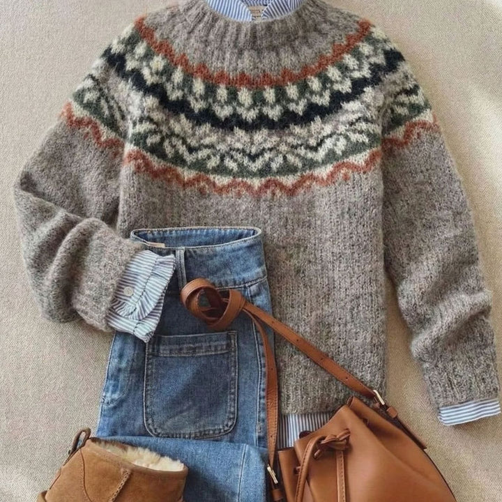 Women's Fair Isle Knit Oversized Crew-Neck Sweater - Light Ash Mix