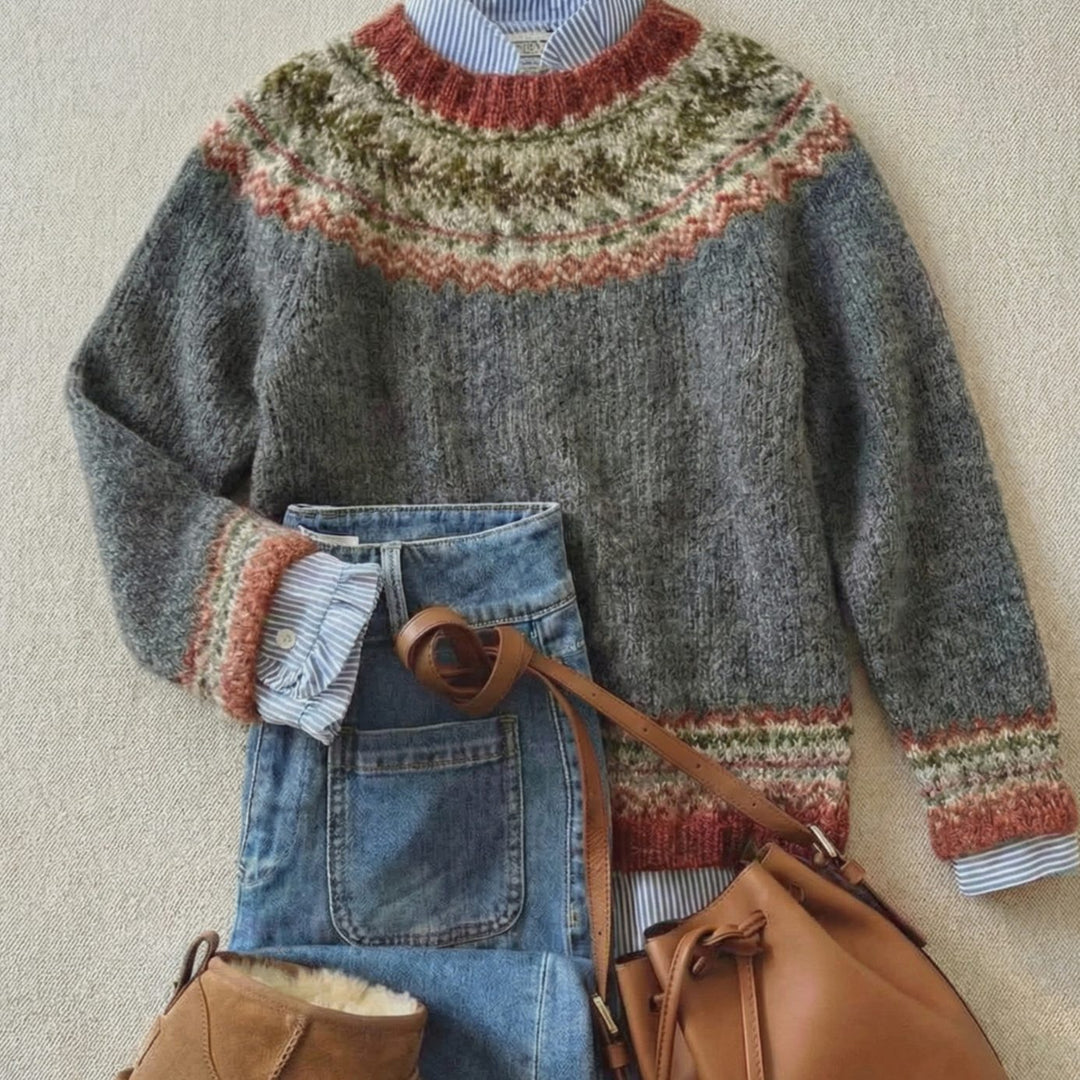 Women's Fair Isle Knit Oversized Crew-Neck Sweater - Stone Gray Mix