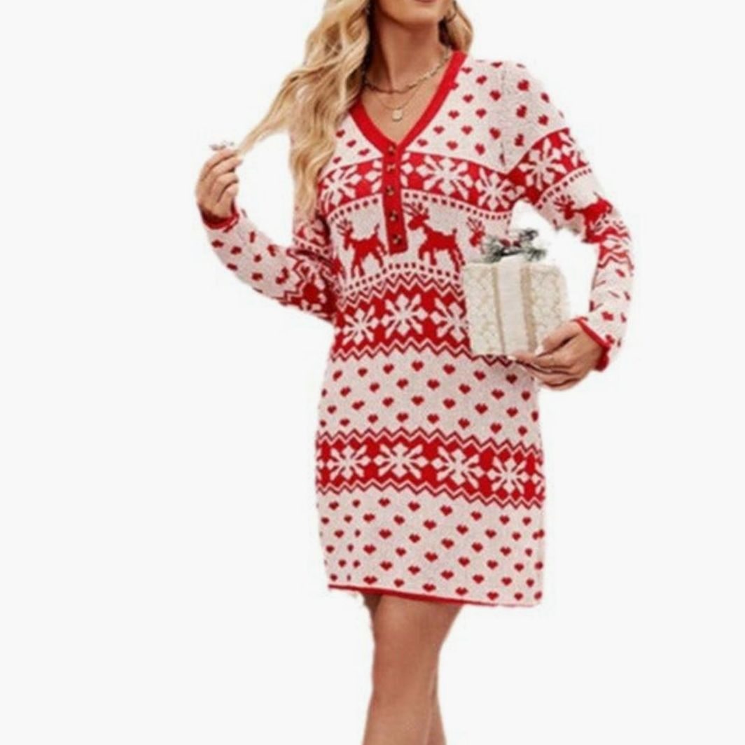 Women's Fair Isle Reindeer V-Neck Knit Christmas Sweater Dress