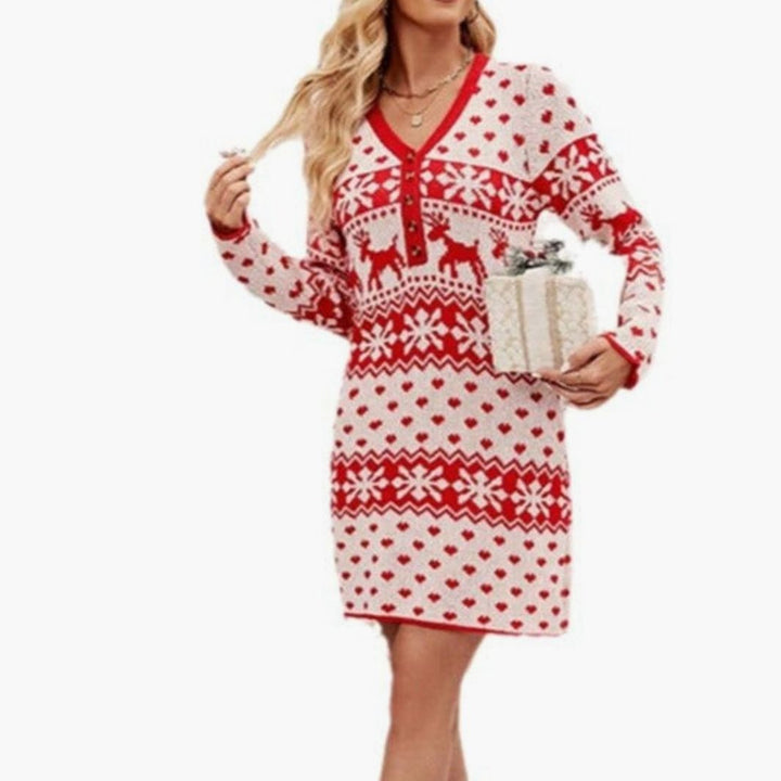 Women's Fair Isle Reindeer V-Neck Knit Christmas Sweater Dress