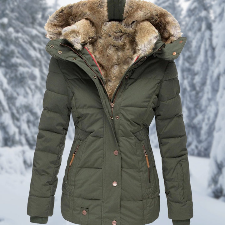 Women's Faux Fur Hood Quilted Puffer Winter Jacket - Green