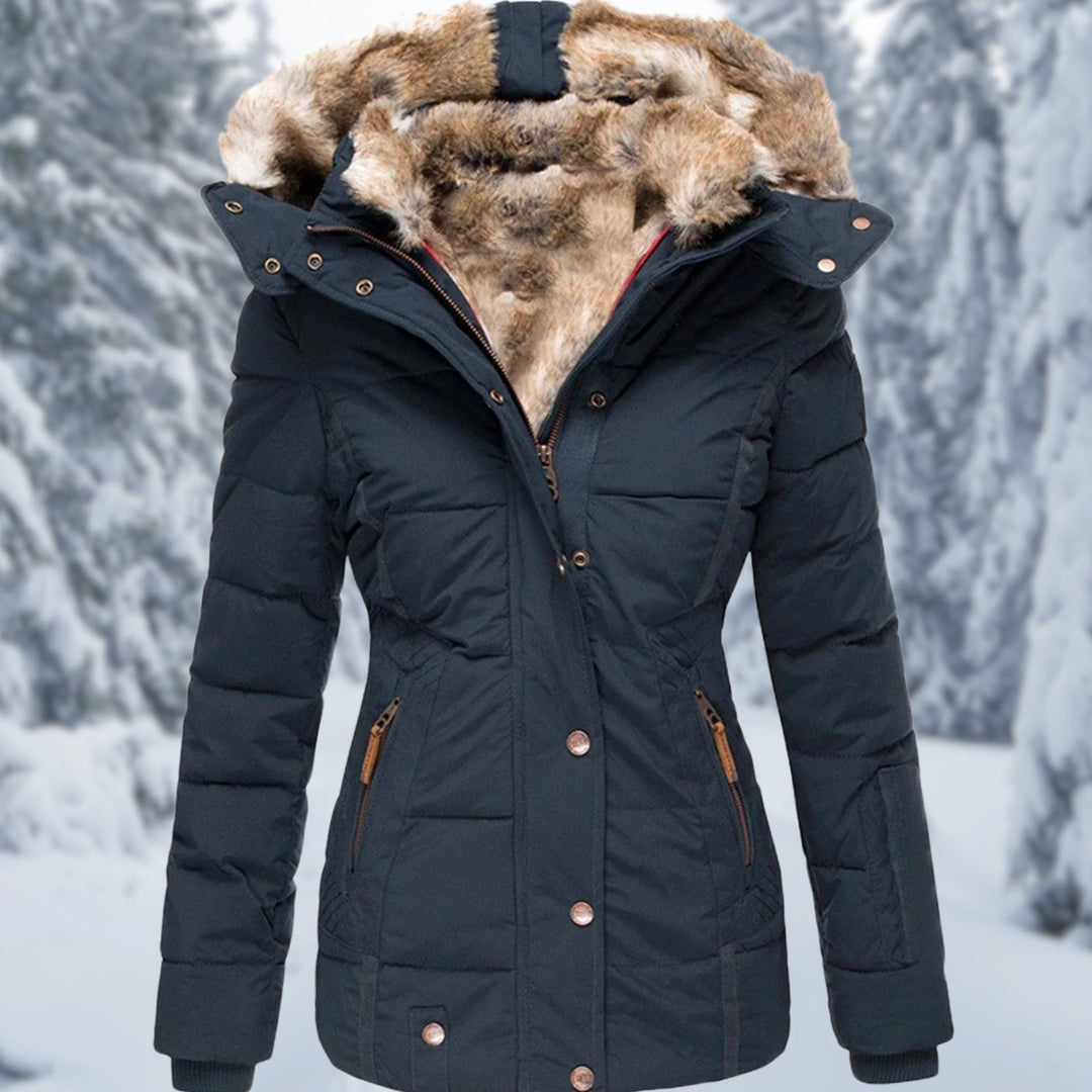 Women's Faux Fur Hood Quilted Puffer Winter Jacket - Blue