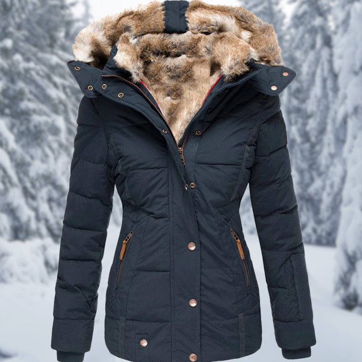 Women's Faux Fur Hood Quilted Puffer Winter Jacket - Blue