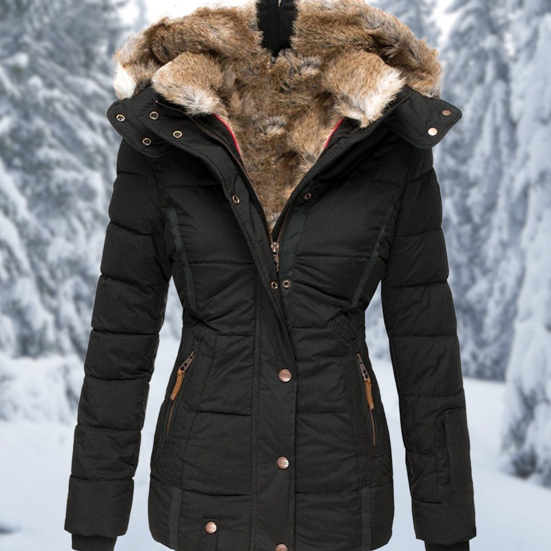 Women's Faux Fur Hood Quilted Puffer Winter Jacket - Black