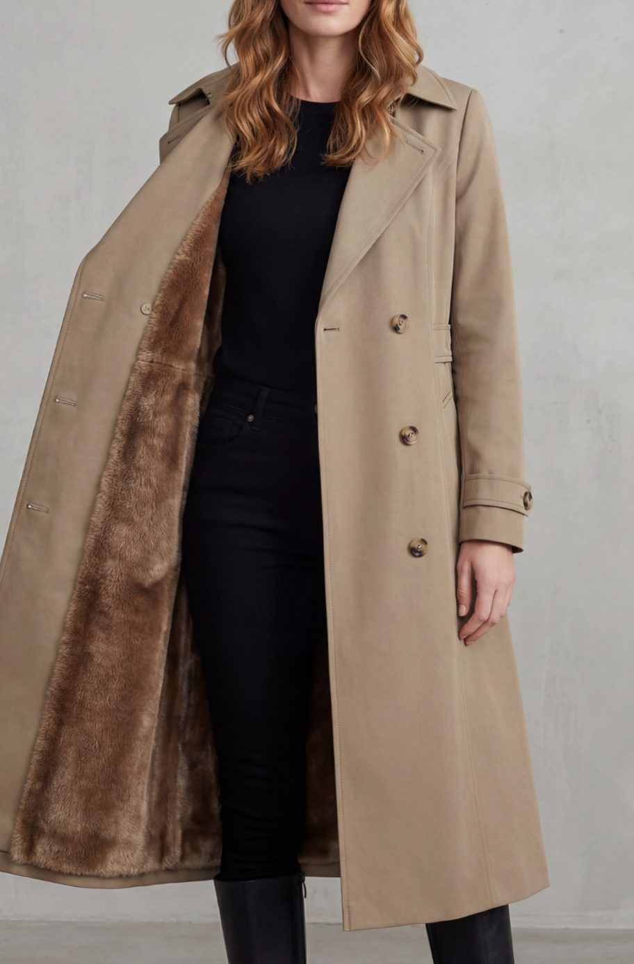 Women's Faux Fur-Lined Double-Breasted Winter Trench Coat - Khaki