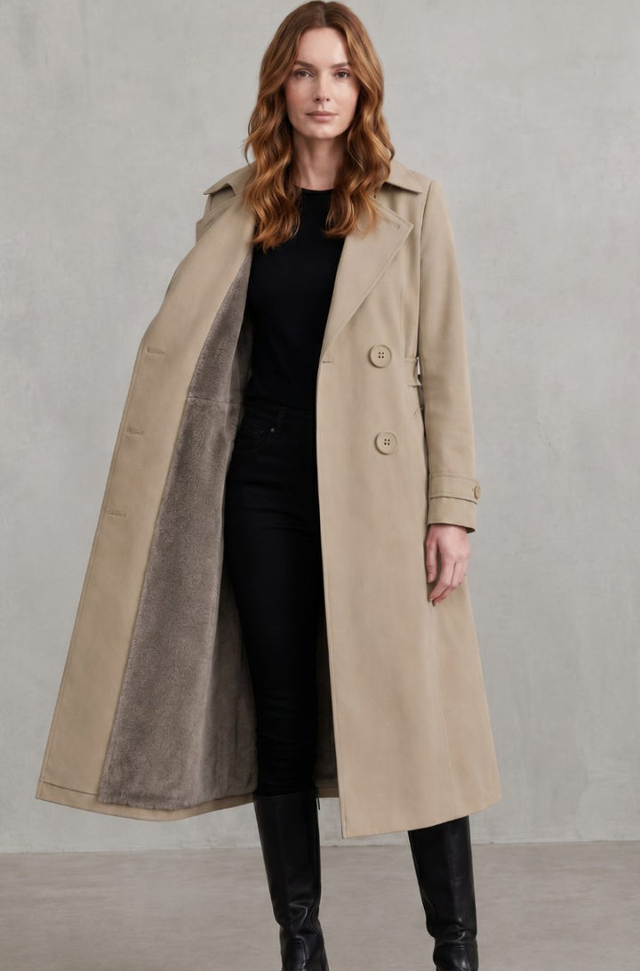 Women's Faux Fur-Lined Double-Breasted Winter Trench Coat