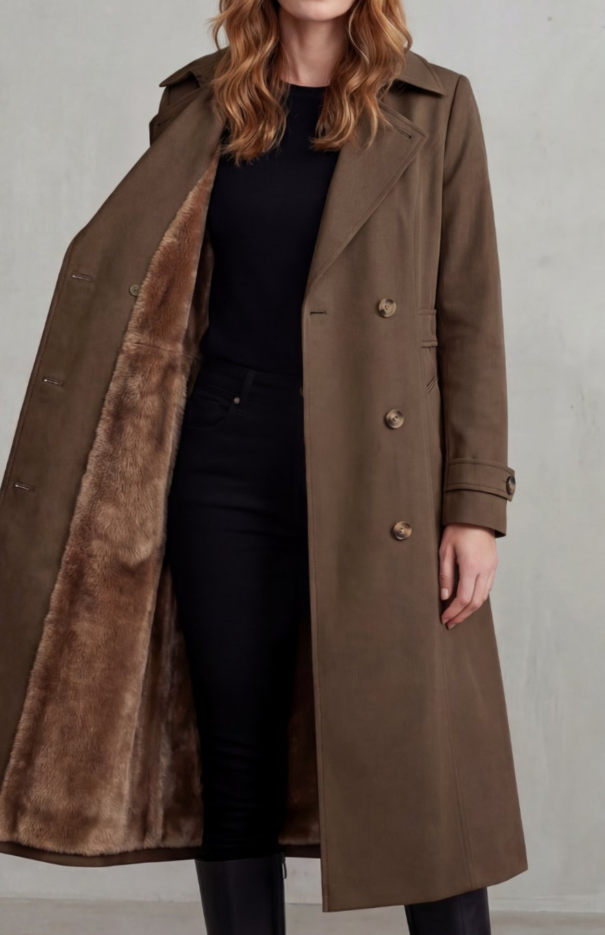 Women's Faux Fur-Lined Double-Breasted Winter Trench Coat - Coffee (Heavyweight)