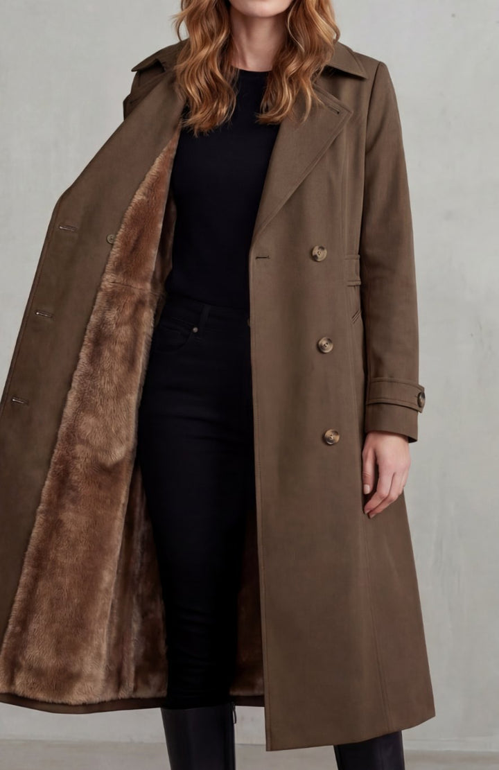 Women's Faux Fur-Lined Double-Breasted Winter Trench Coat - Coffee (Heavyweight)