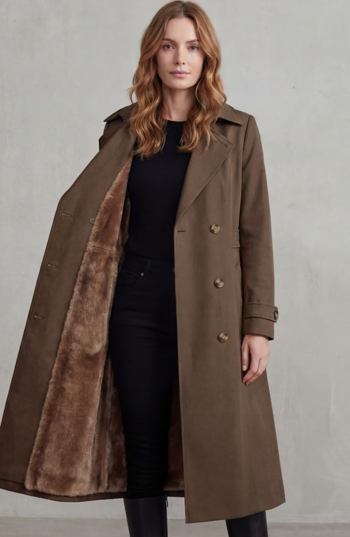 Women's Faux Fur-Lined Double-Breasted Winter Trench Coat
