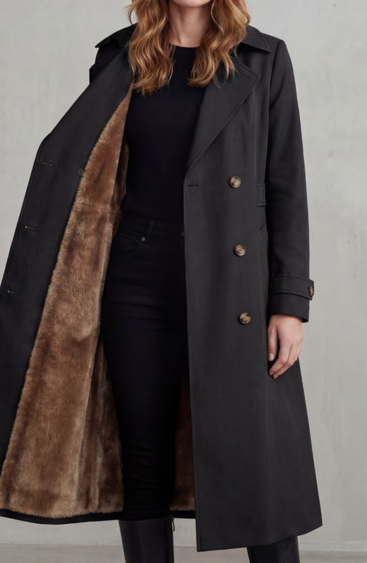 Women's Faux Fur-Lined Double-Breasted Winter Trench Coat - Black (Heavyweight)