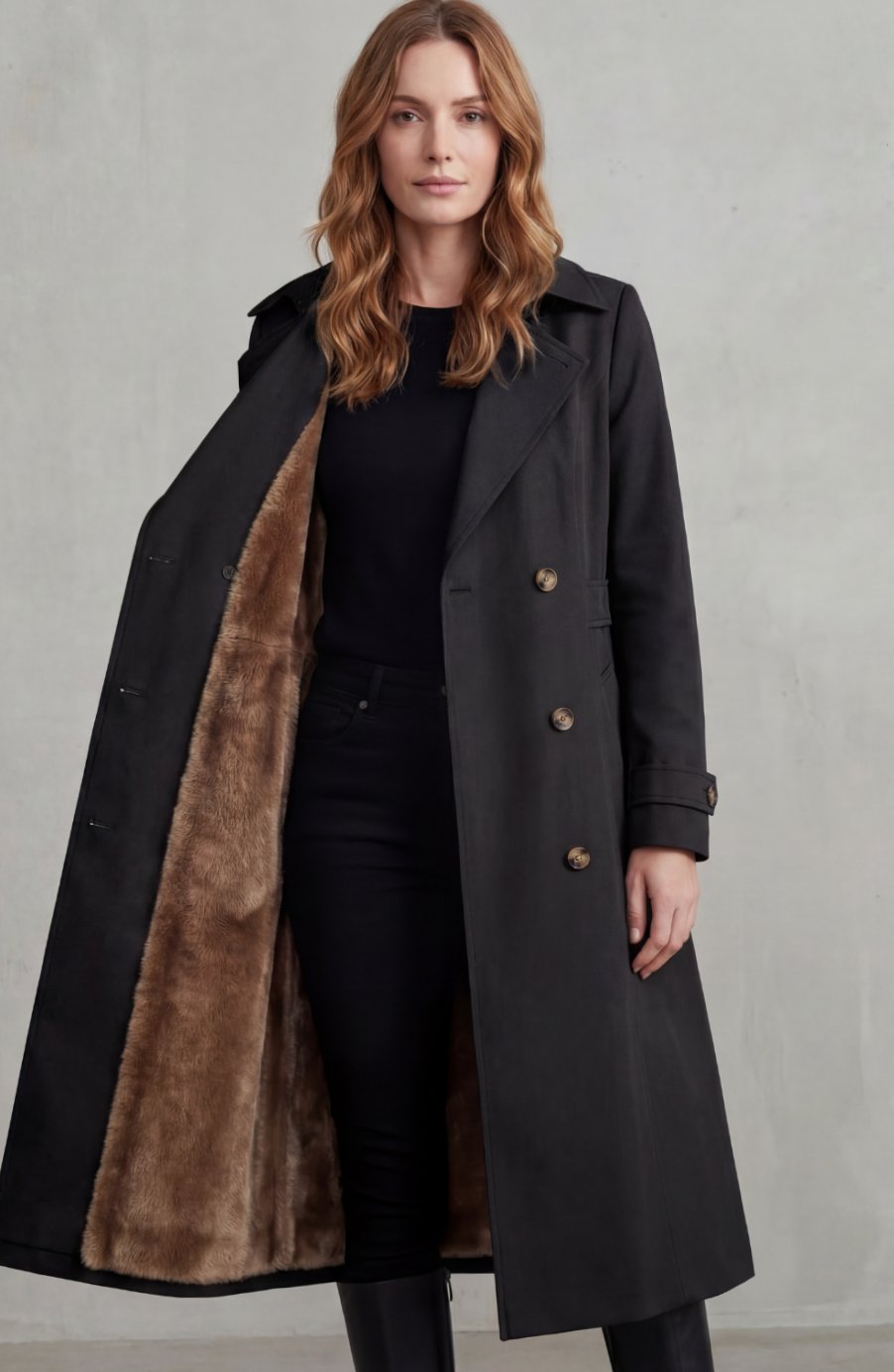 Women's Faux Fur-Lined Double-Breasted Winter Trench Coat