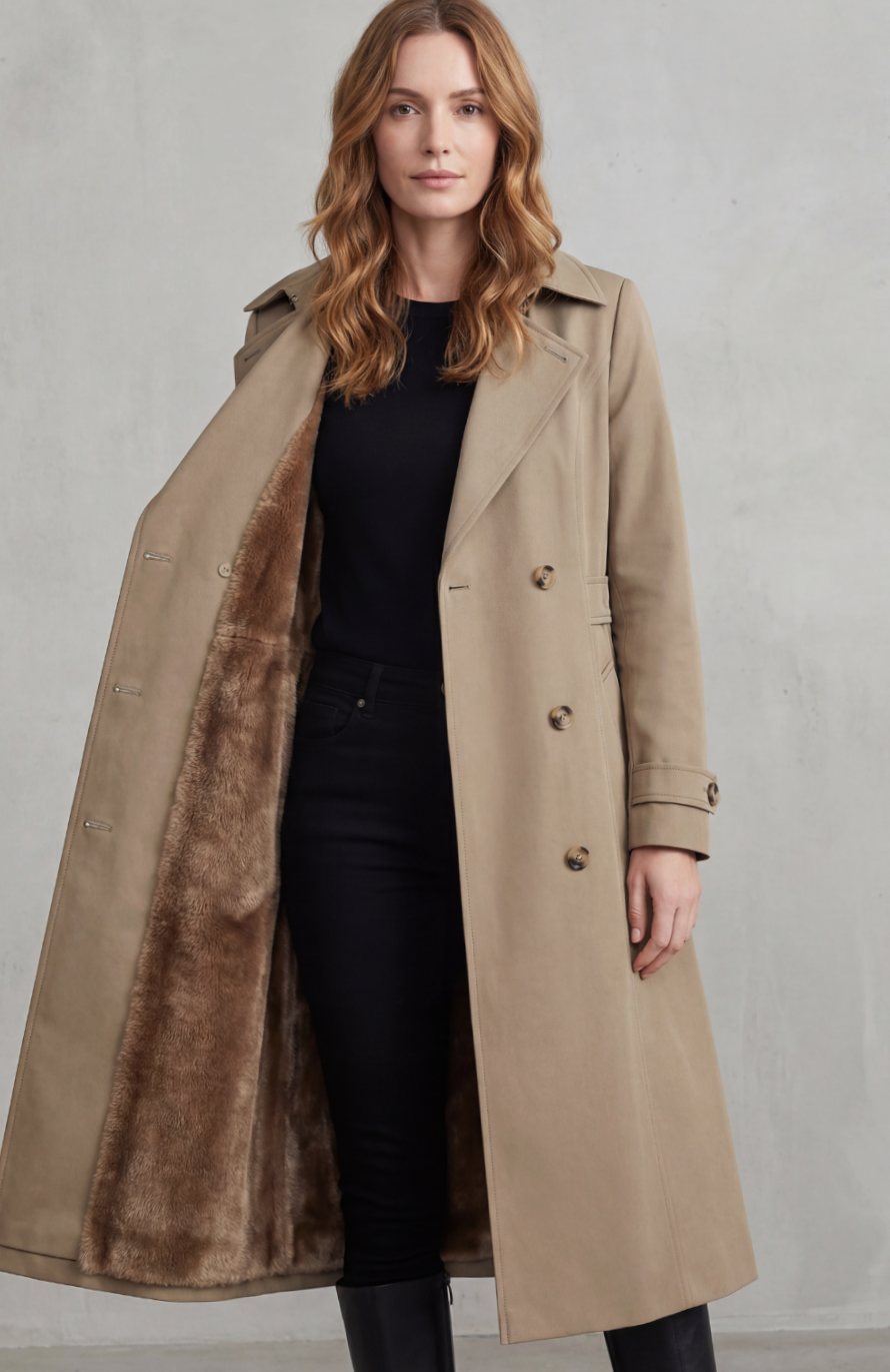 Women's Faux Fur-Lined Double-Breasted Winter Trench Coat