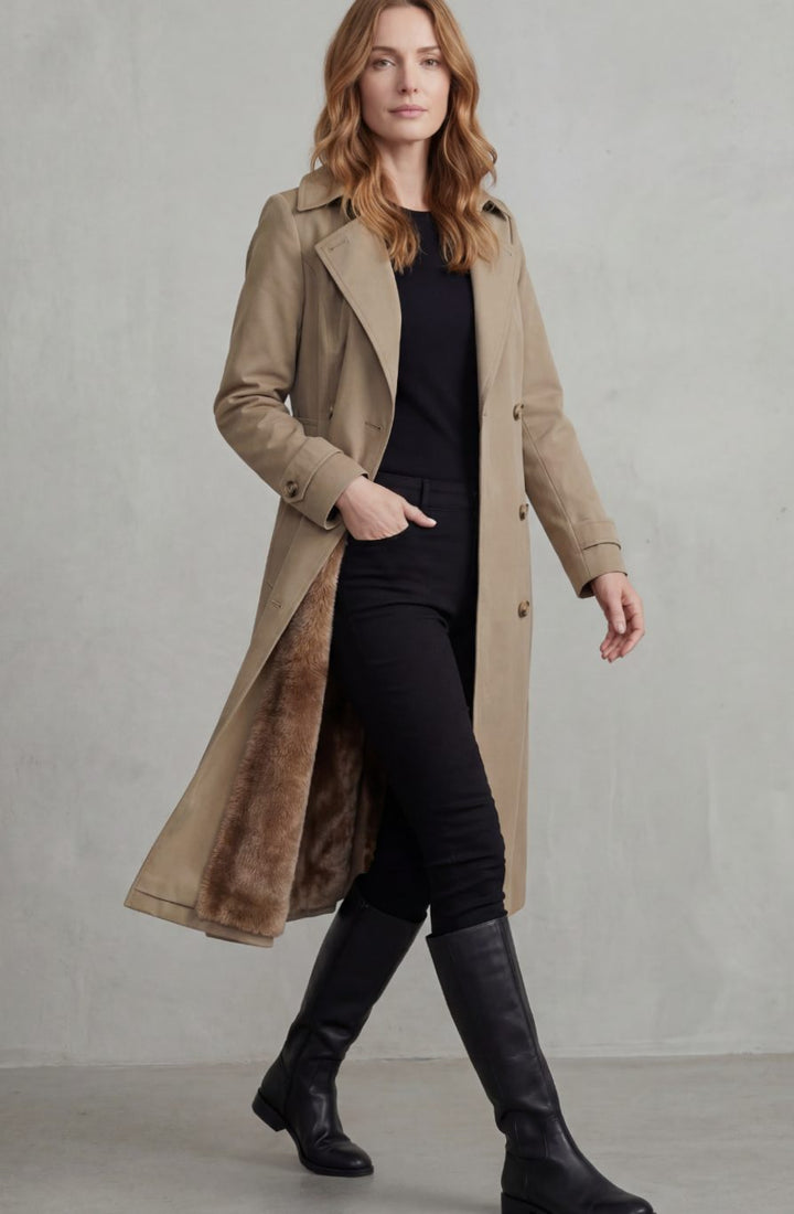 Women's Faux Fur-Lined Double-Breasted Winter Trench Coat