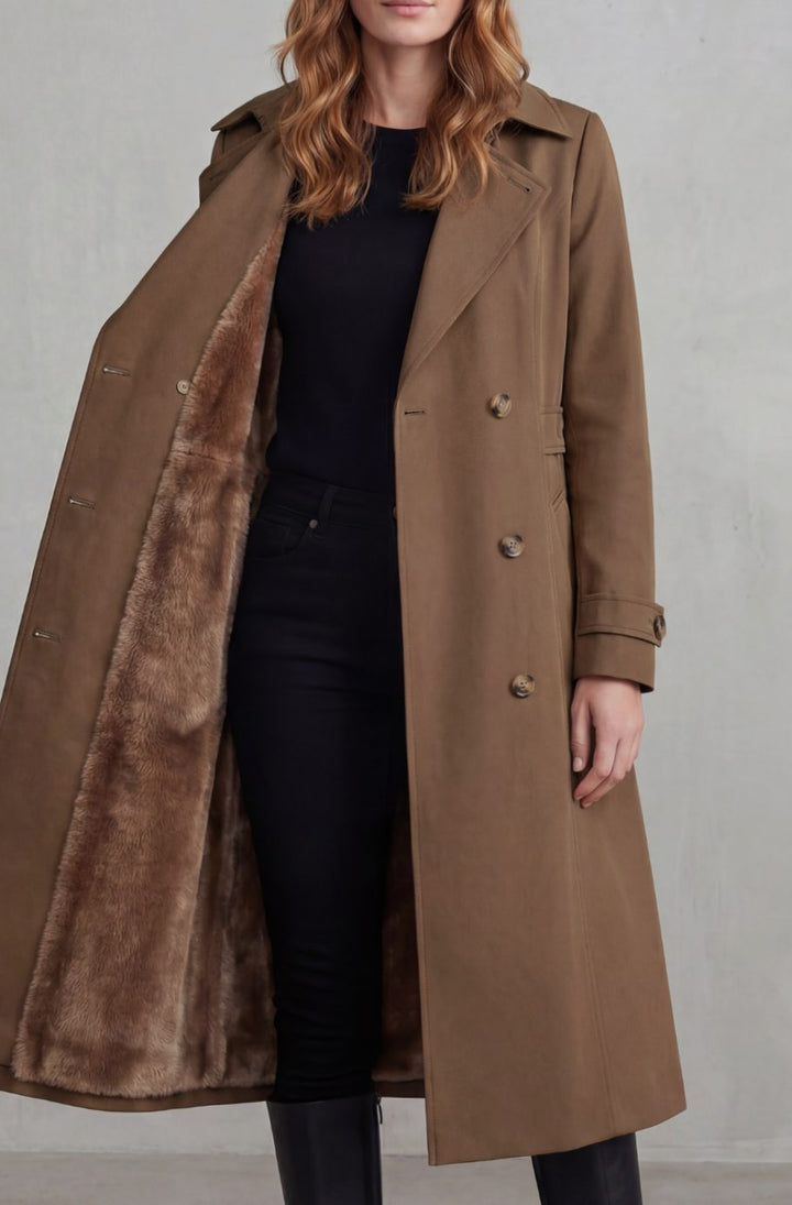 Women's Faux Fur-Lined Double-Breasted Winter Trench Coat - Coffee
