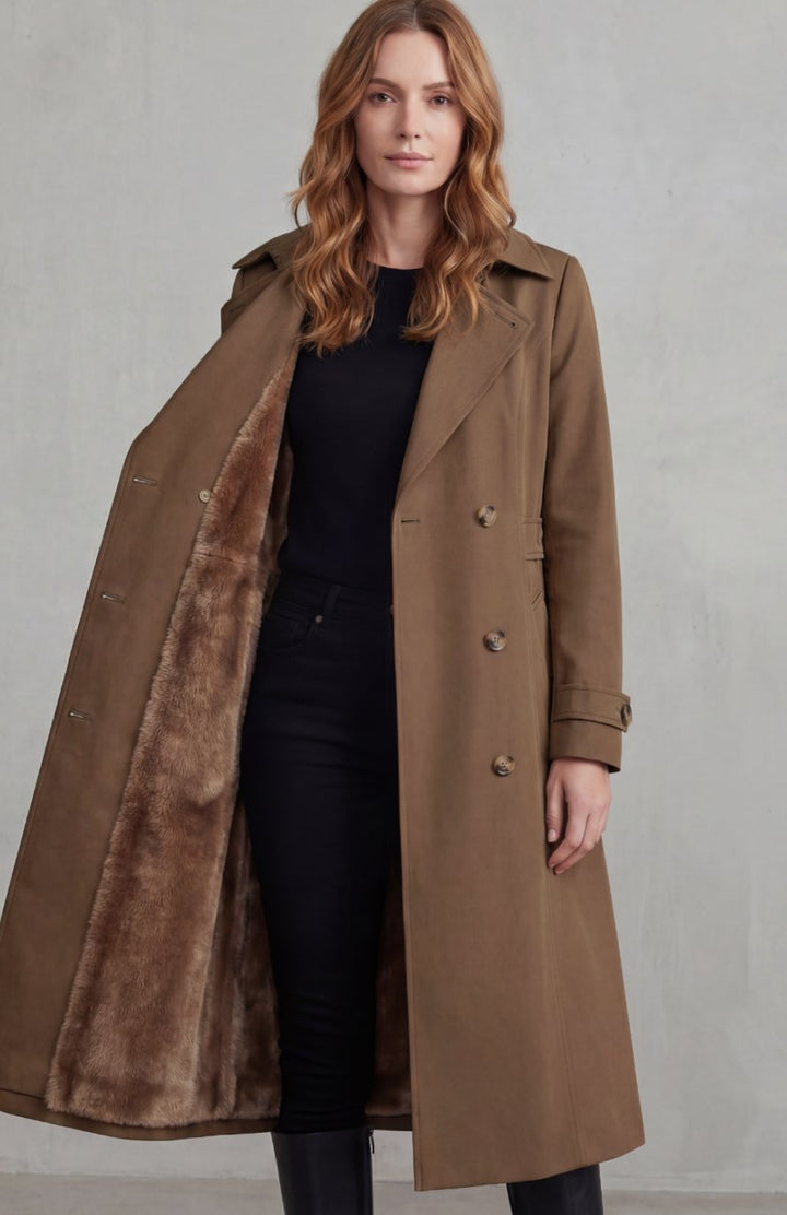 Women's Faux Fur-Lined Double-Breasted Winter Trench Coat