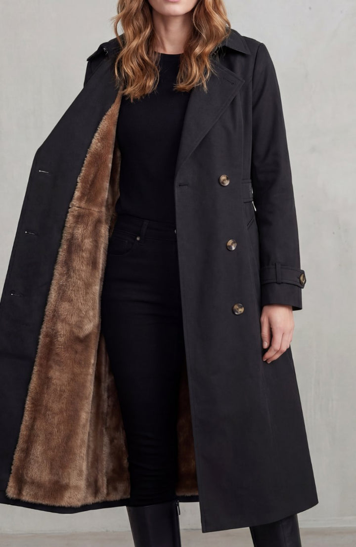 Women's Faux Fur-Lined Double-Breasted Winter Trench Coat - Black