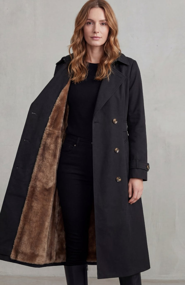 Women's Faux Fur-Lined Double-Breasted Winter Trench Coat
