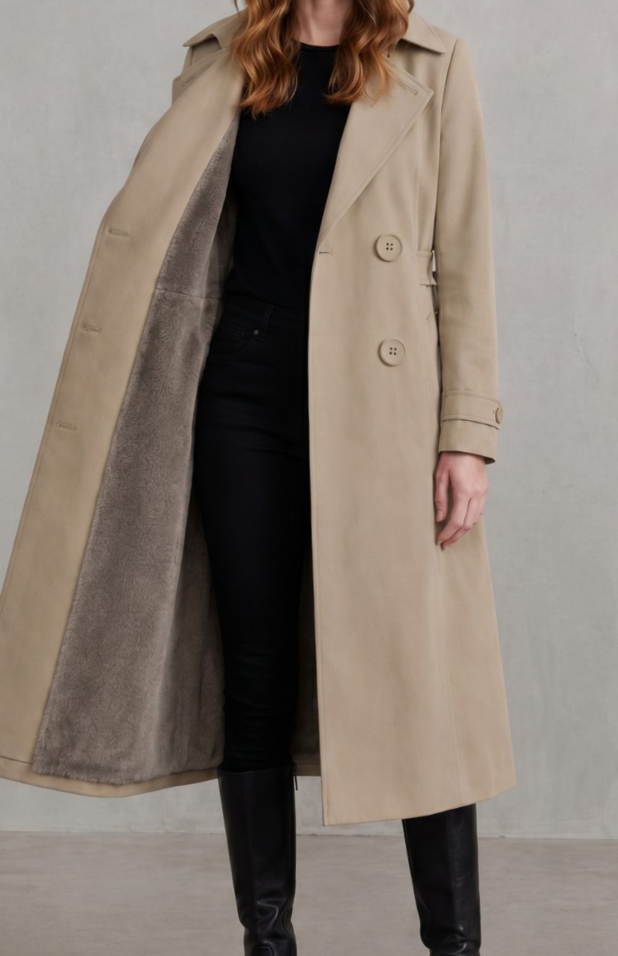 Women's Faux Fur-Lined Double-Breasted Winter Trench Coat - Khaki (Heavyweight)