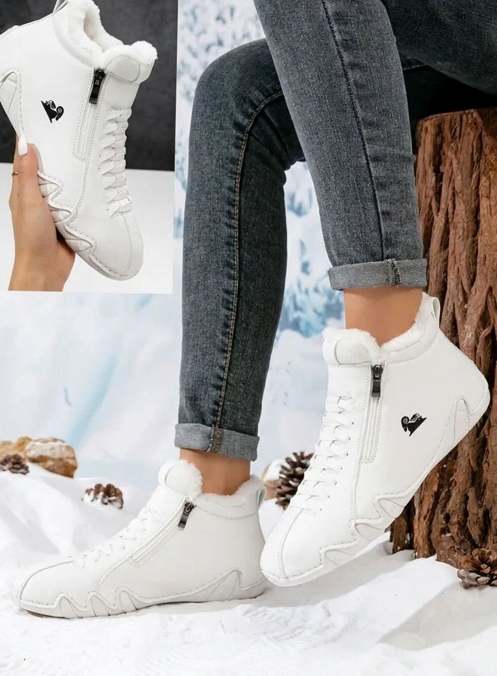 Women's Faux-Fur Lined Wide-Toe Orthopedic Winter Ankle Boots - White