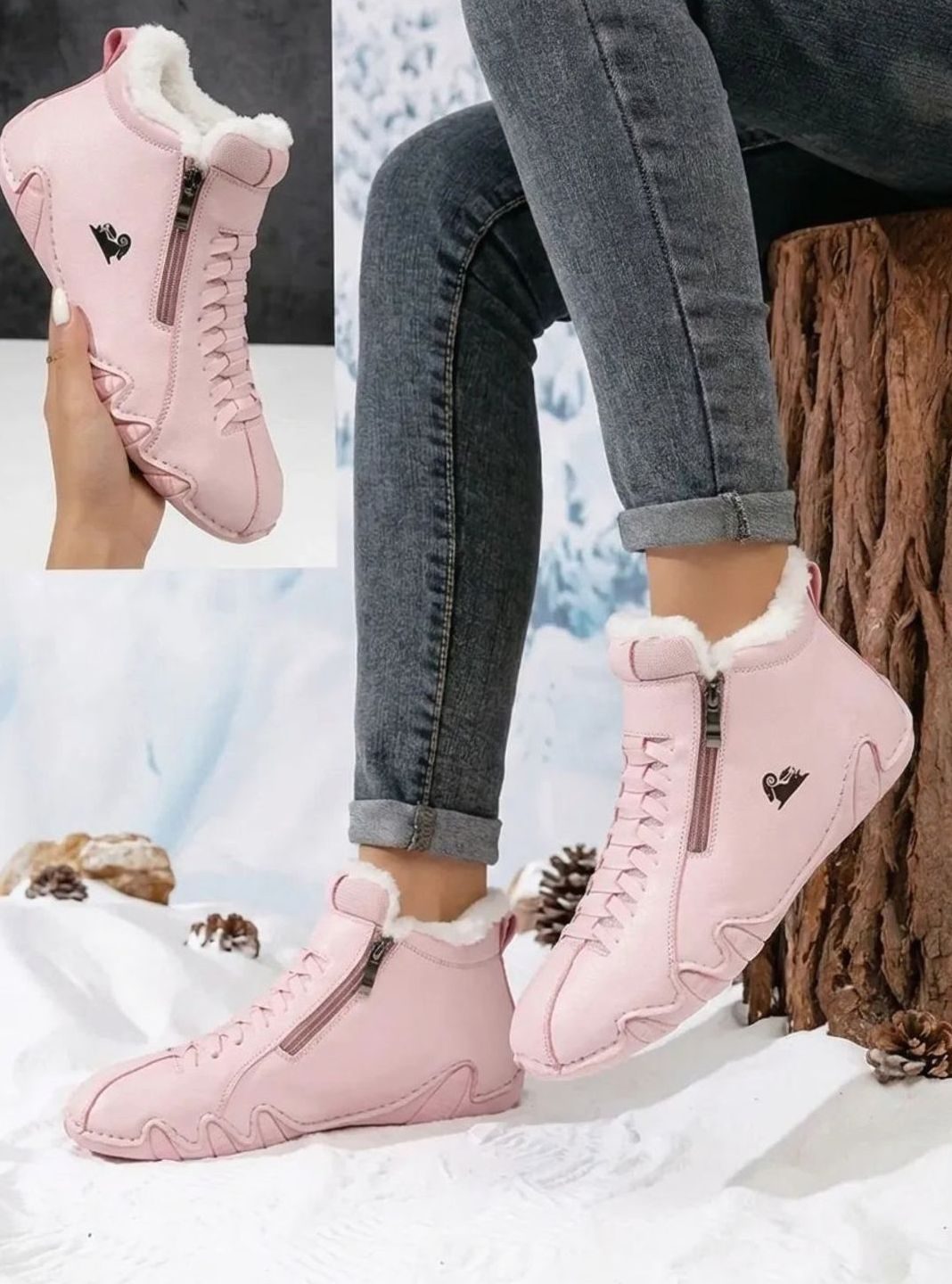 Women's Faux-Fur Lined Wide-Toe Orthopedic Winter Ankle Boots - Pink