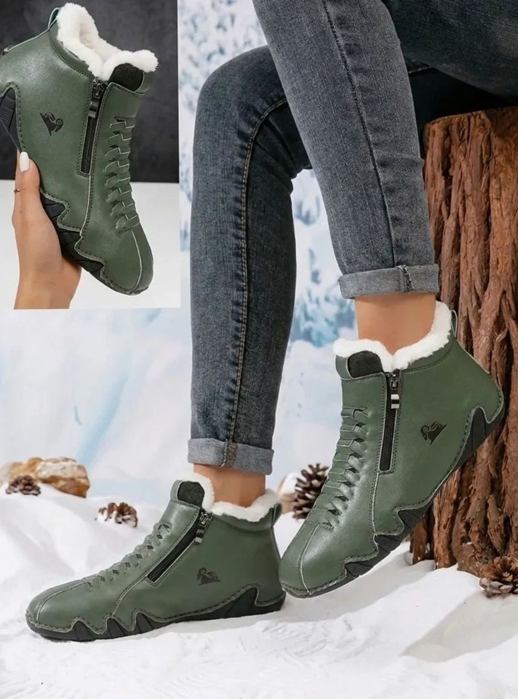 Women's Faux-Fur Lined Wide-Toe Orthopedic Winter Ankle Boots - Green