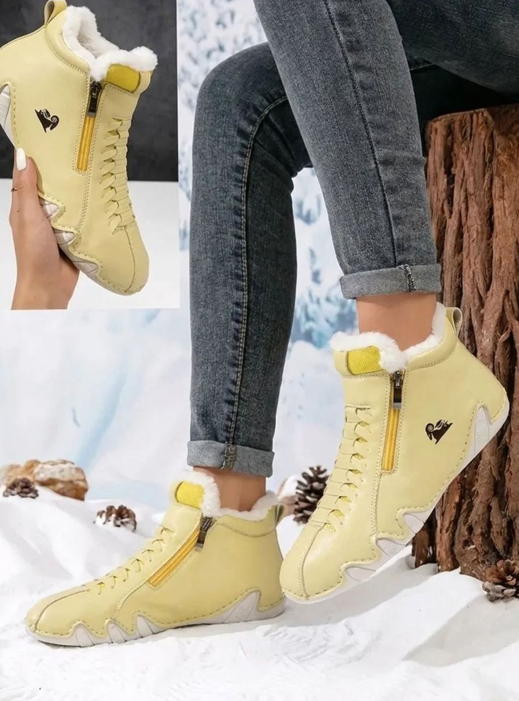 Women's Faux-Fur Lined Wide-Toe Orthopedic Winter Ankle Boots - Yellow