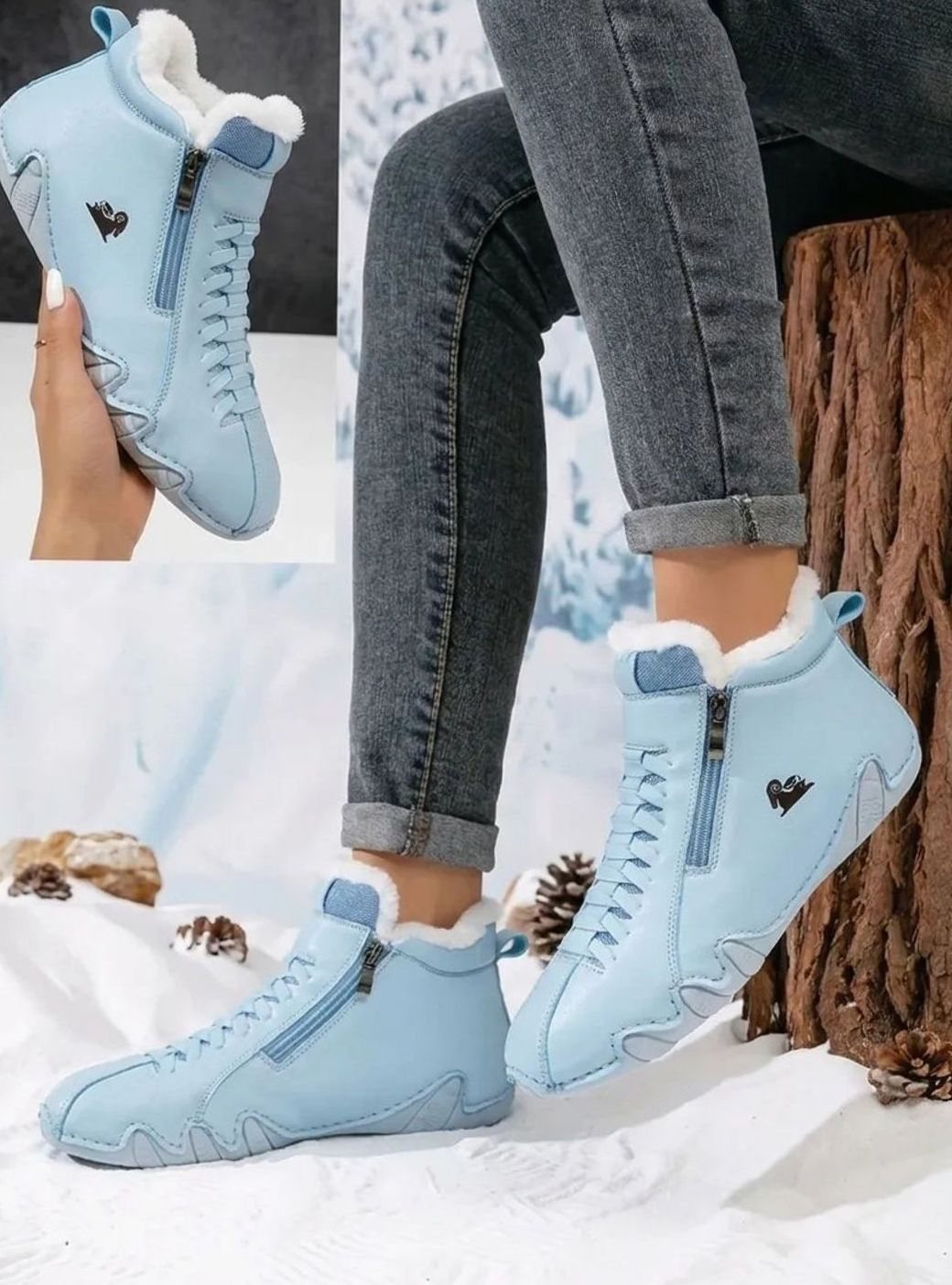 Women's Faux-Fur Lined Wide-Toe Orthopedic Winter Ankle Boots - Blue