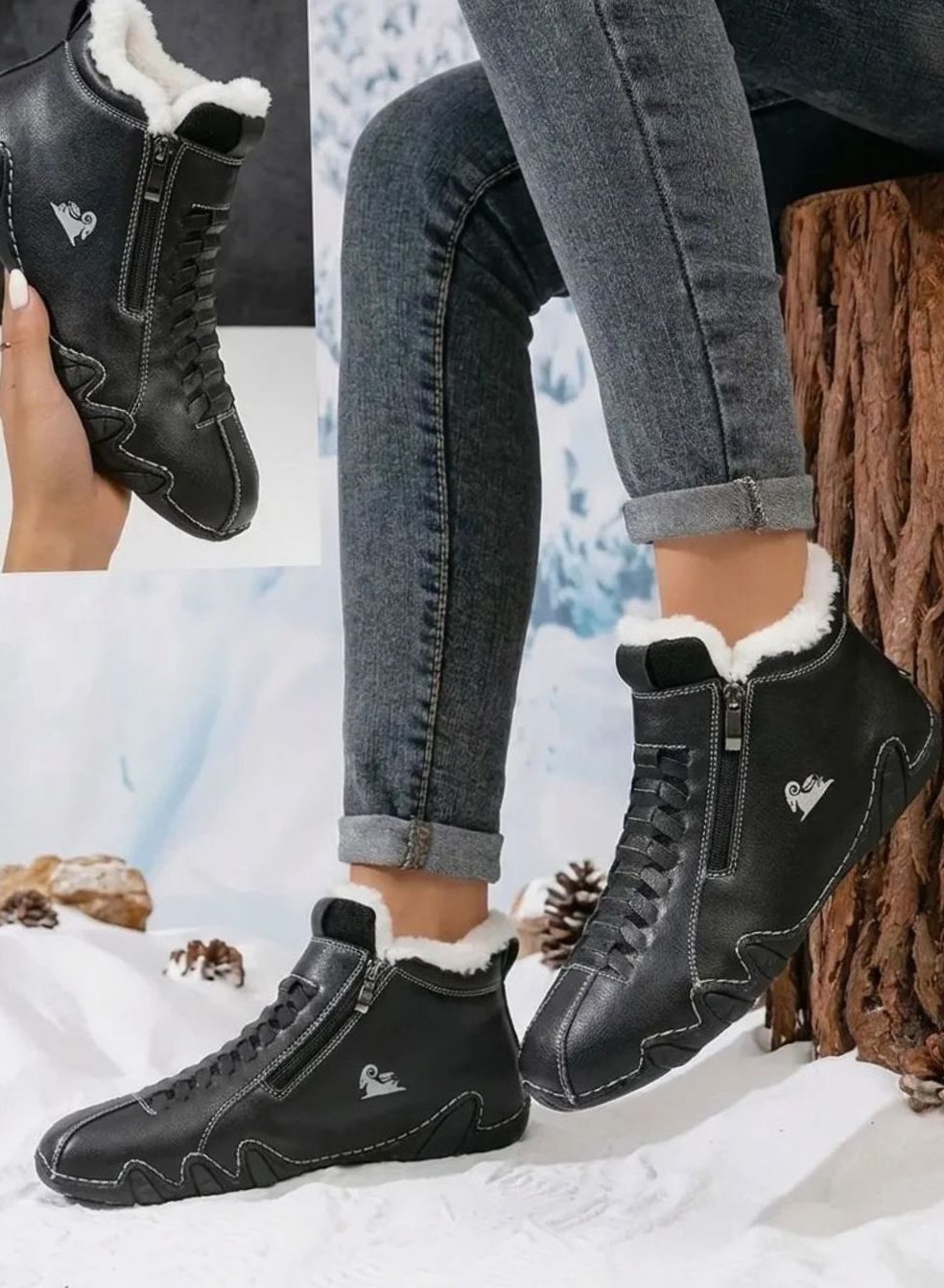 Women's Faux-Fur Lined Wide-Toe Orthopedic Winter Ankle Boots - Black