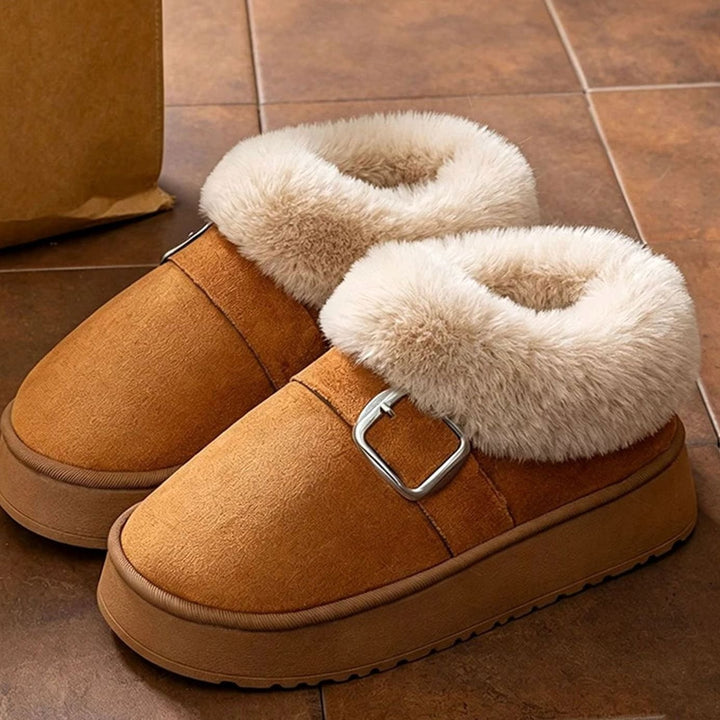 Women's Faux Fur Platform Buckle Ankle Boots - Brown