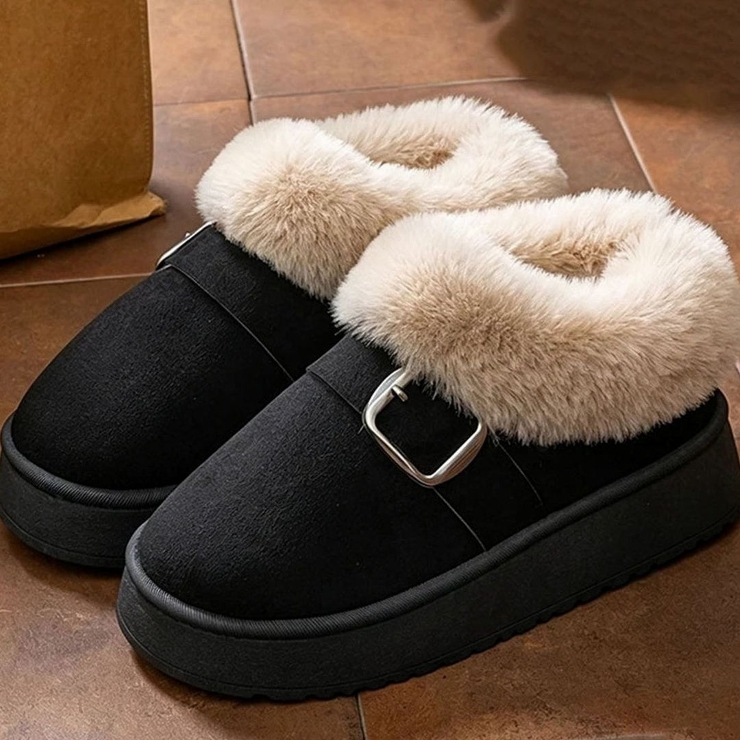 Women's Faux Fur Platform Buckle Ankle Boots - Black